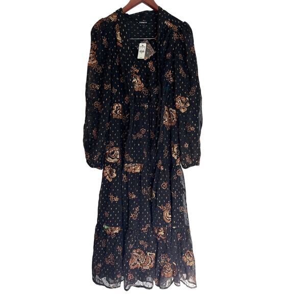 Express Black Gold Embroidered Midi Dress NWT Small Witchy Eventwear - Picture 7 of 16
